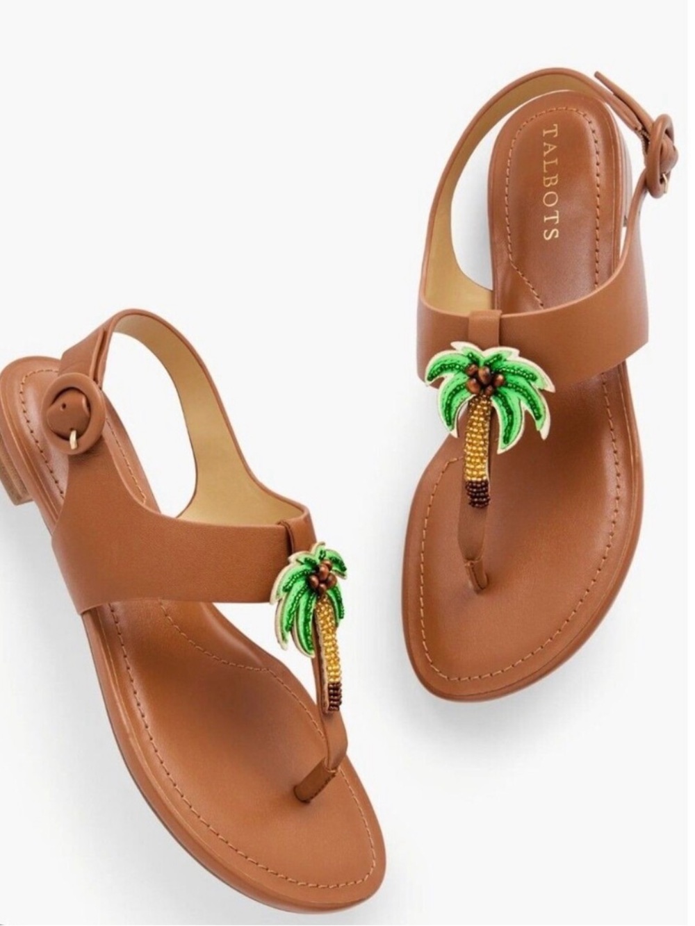 NWT Size 8.  Talbots Havana Palm Leather Sandals with Green Beaded Palm